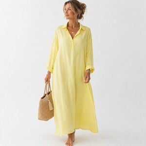 Modesees Maxi Shirt Dress M Yellow Linen Blend Coastal Minimalist Long Sleeve